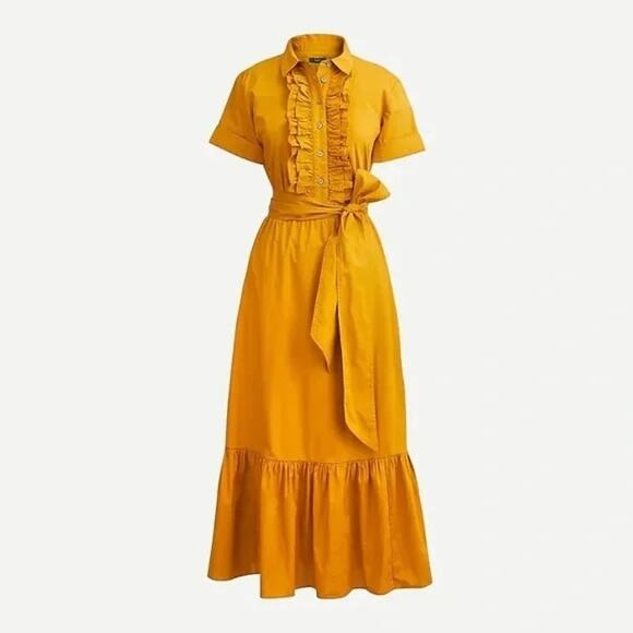 J. Crew Marigold Orange Ruffle Poplin Midi Dress Women's 4 Button Front Belted - Picture 1 of 12